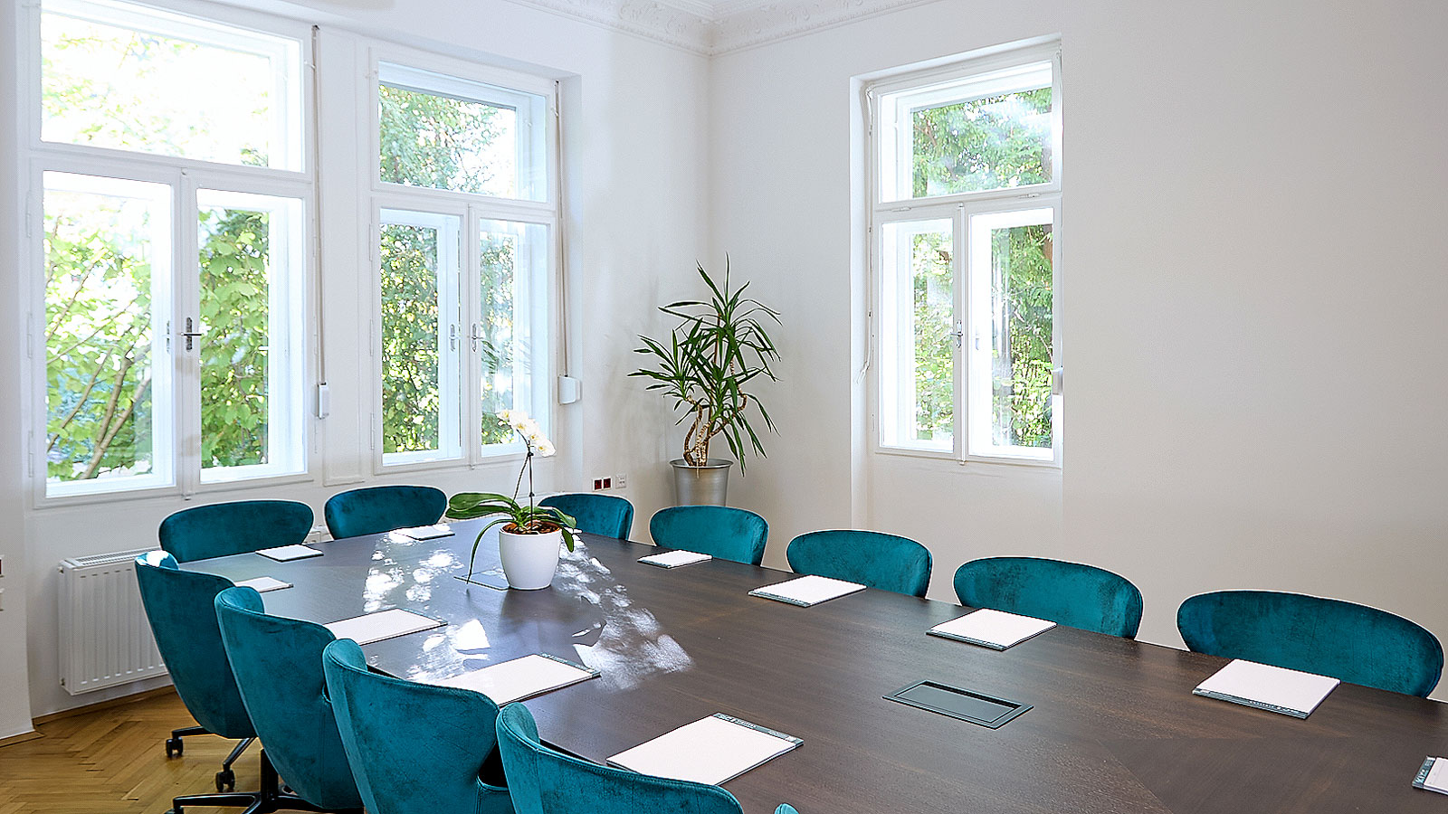 Heller Besprechungsraum mit gro&szlig;em Tisch, blauen St&uuml;hlen, gro&szlig;en Fenstern und Pflanzen.